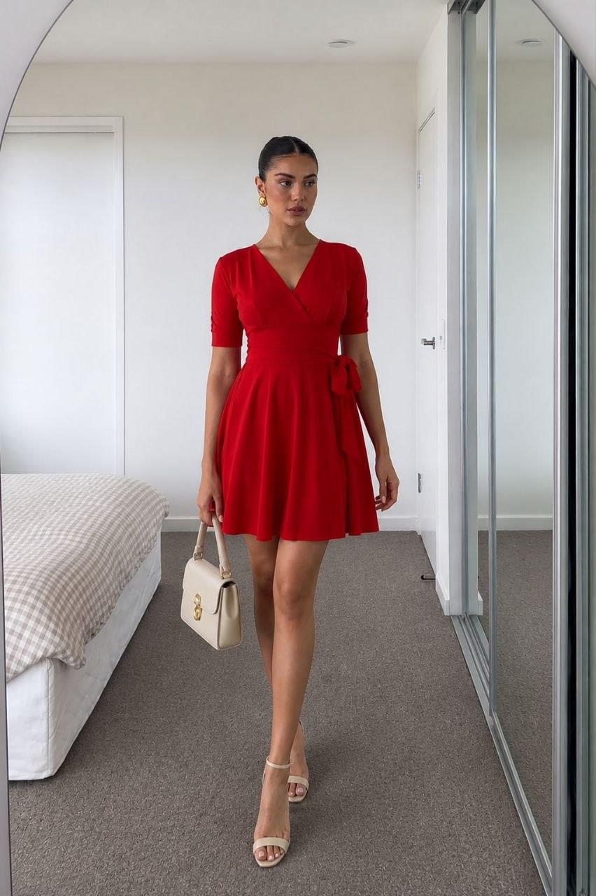 Kırmızı V Yaka Kuşaklı Mini Elbise 582871