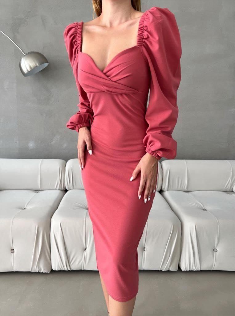 kruvaze yaka Balon Kol Ithal Krep Kumaş Midi Boy elbise