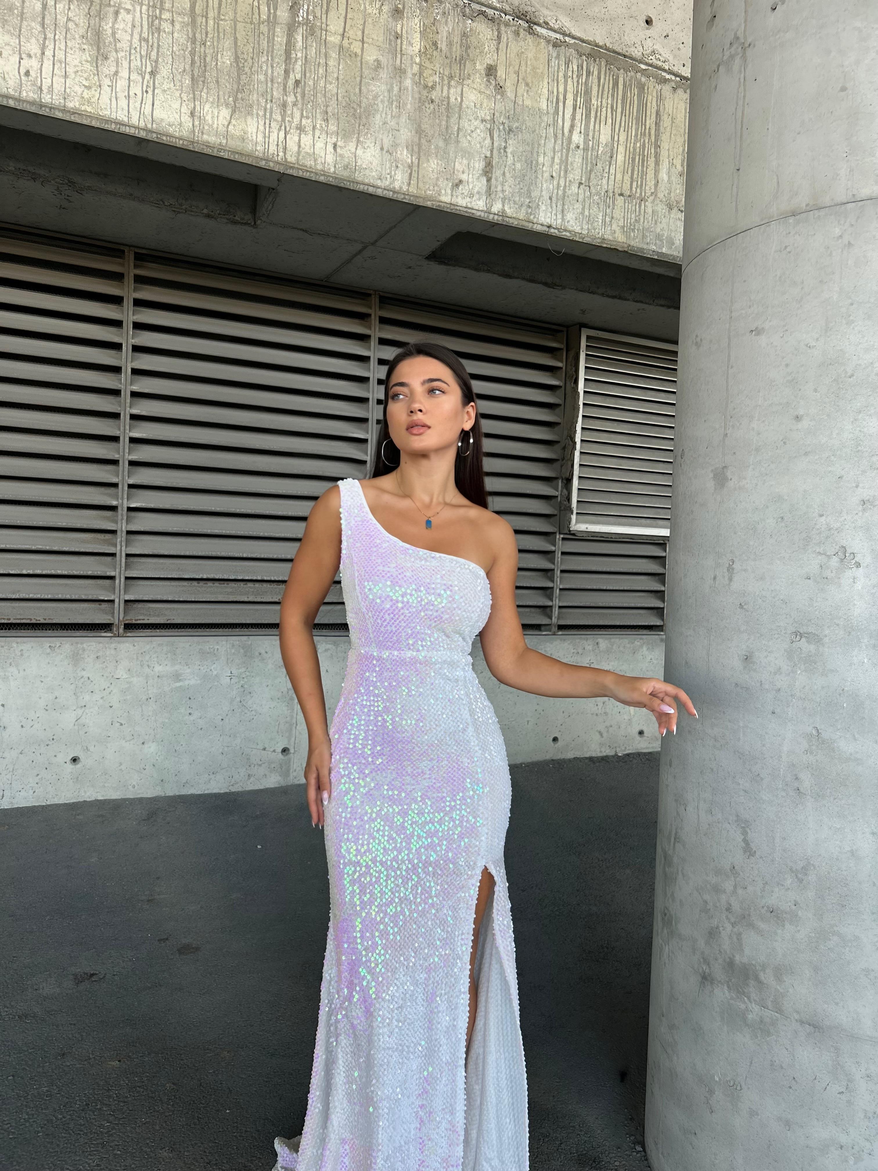Trend Kadife Yırtmaçlı Elbise Hologram 583150
