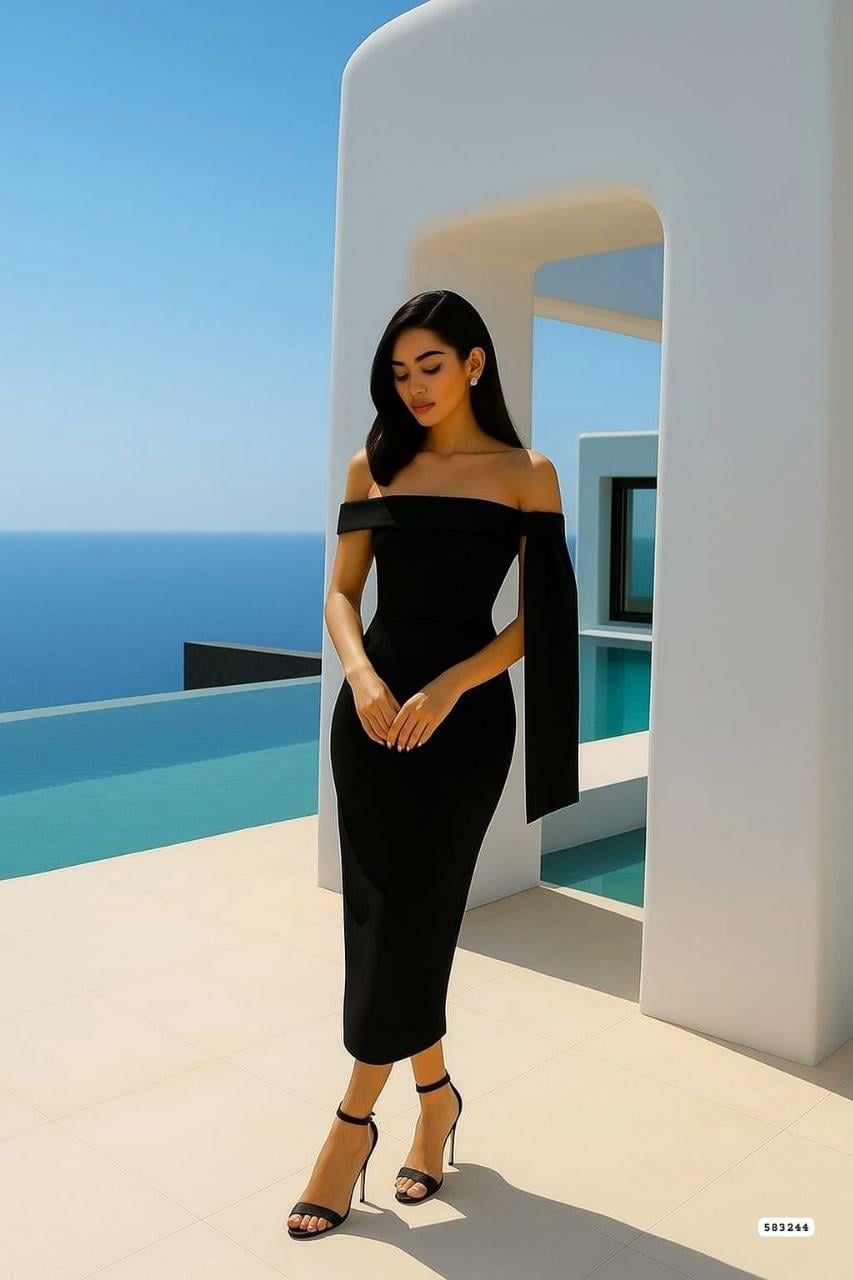 Omuz Detaylı Midi Boy Abiye Elbise Siyah 583244