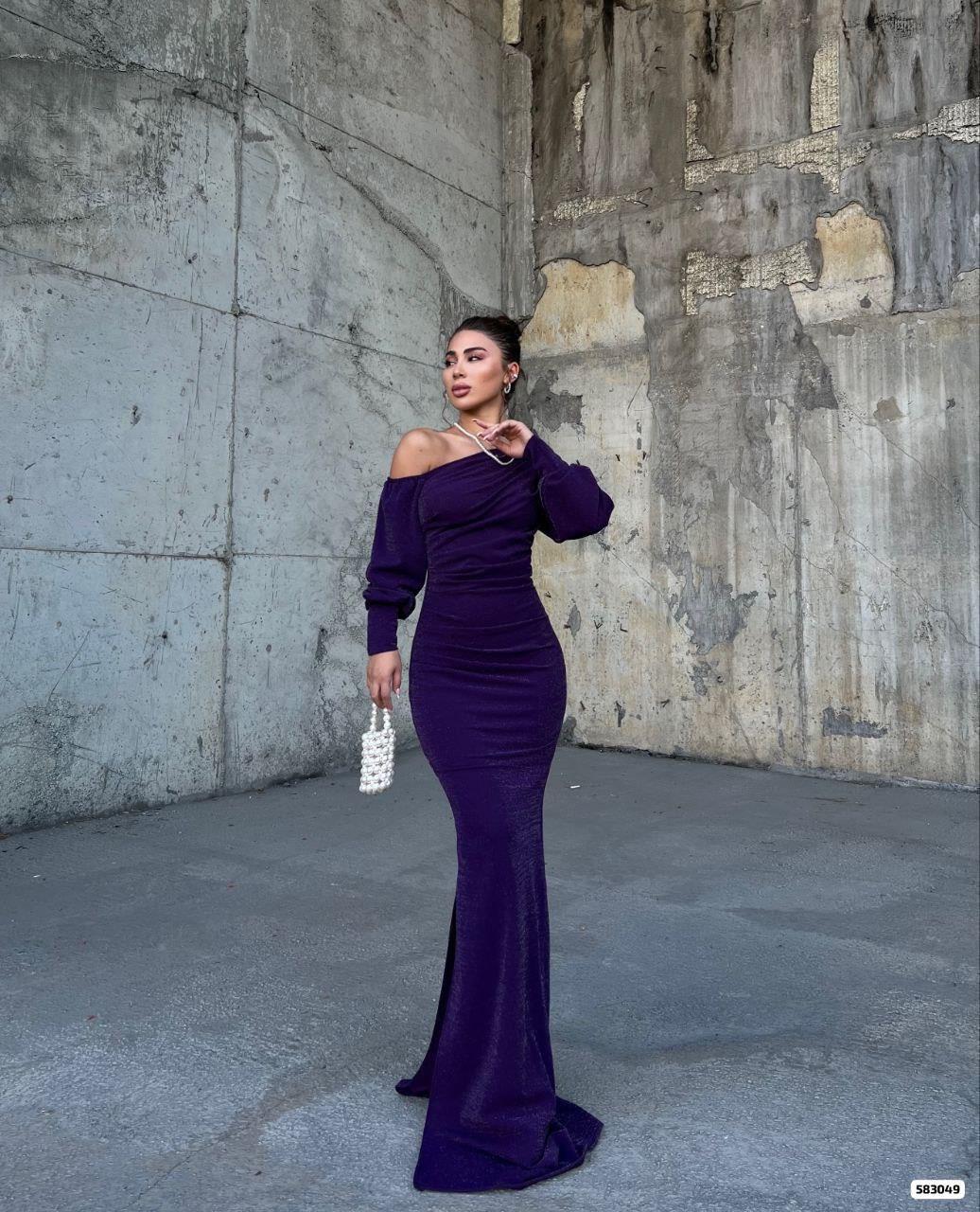 Omzu Açık Maxi Boy SİMLİKREP Kumaş Abiye Elbise 583049 MOR
