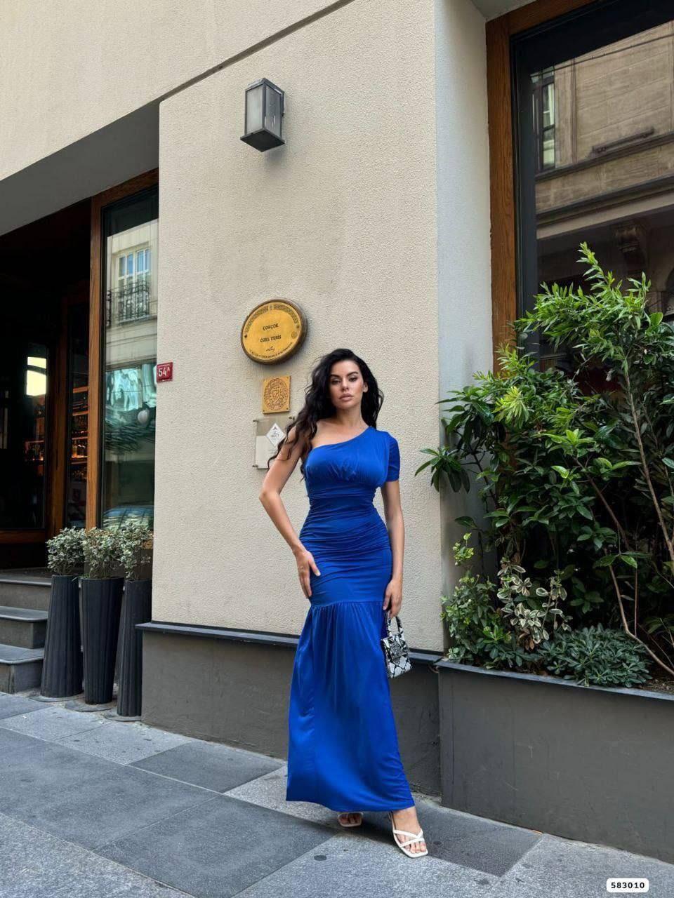 Sandy Kumaş Tek Omuz Detaylı Uzun Elbise 583010 Saks