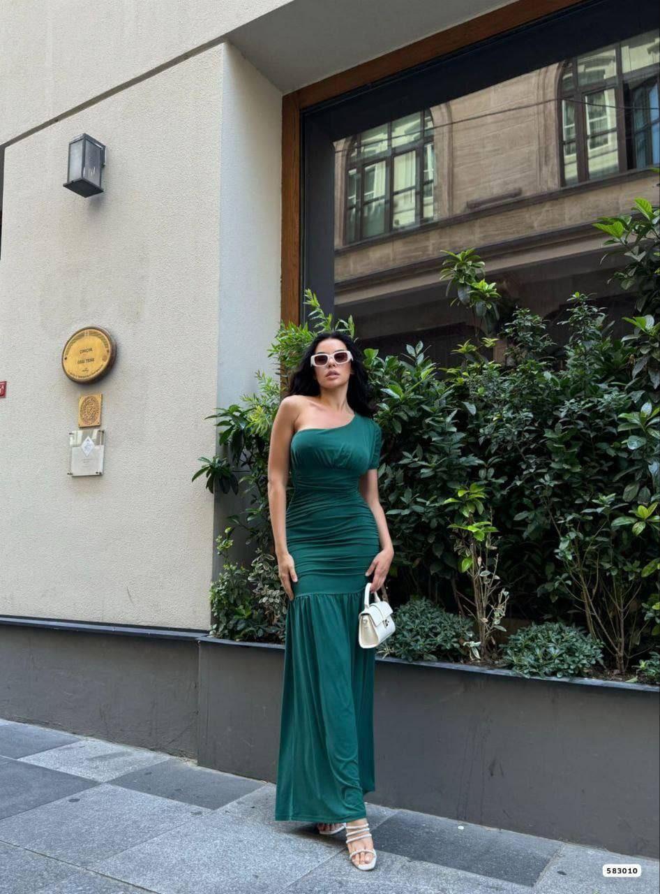 Sandy Kumaş Tek Omuz Detaylı Uzun Elbise 583010 Zumrut