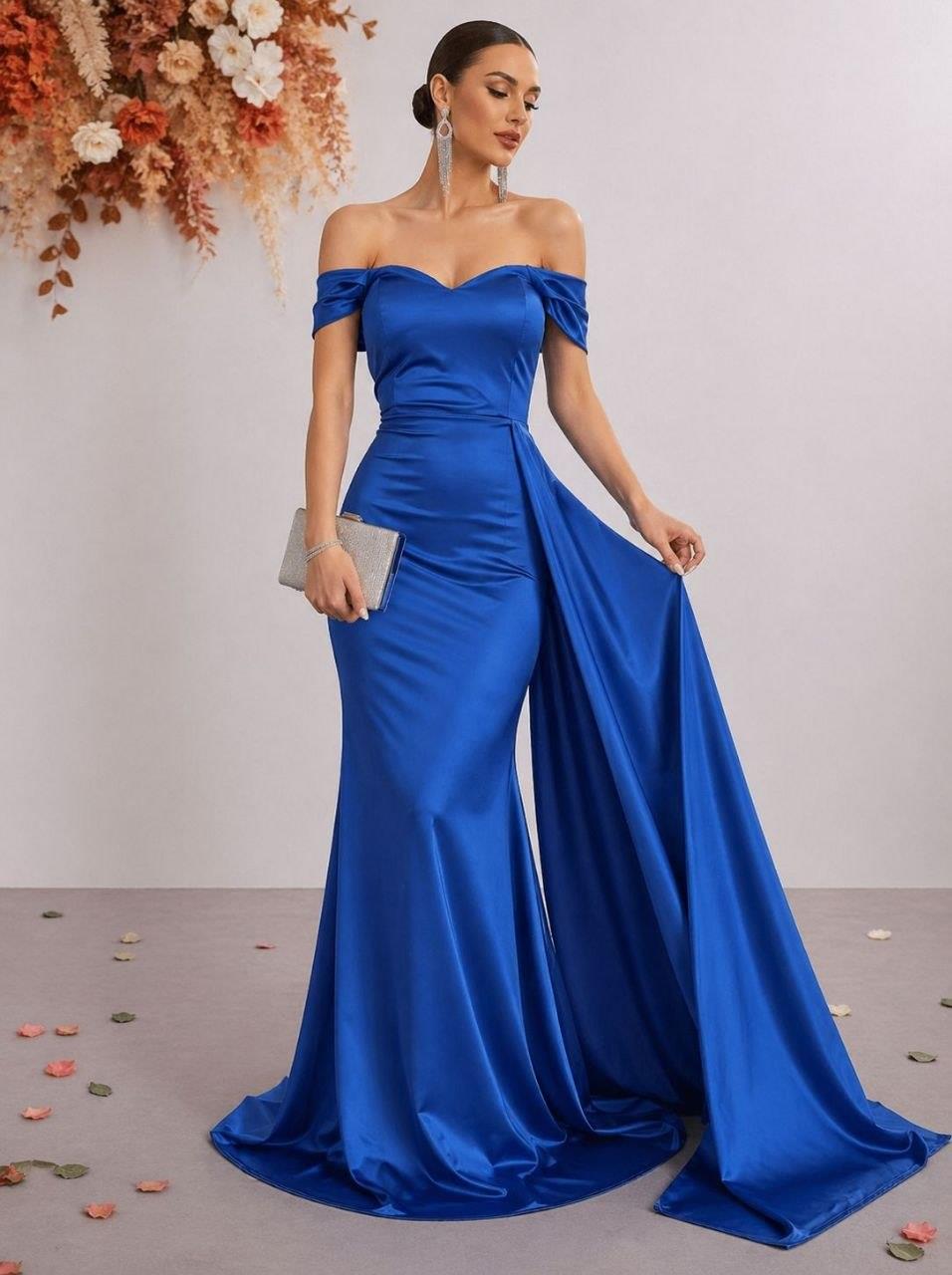 Saten Kumaş Düşük Omuz Maxi Boy Elbise 582441 Saks
