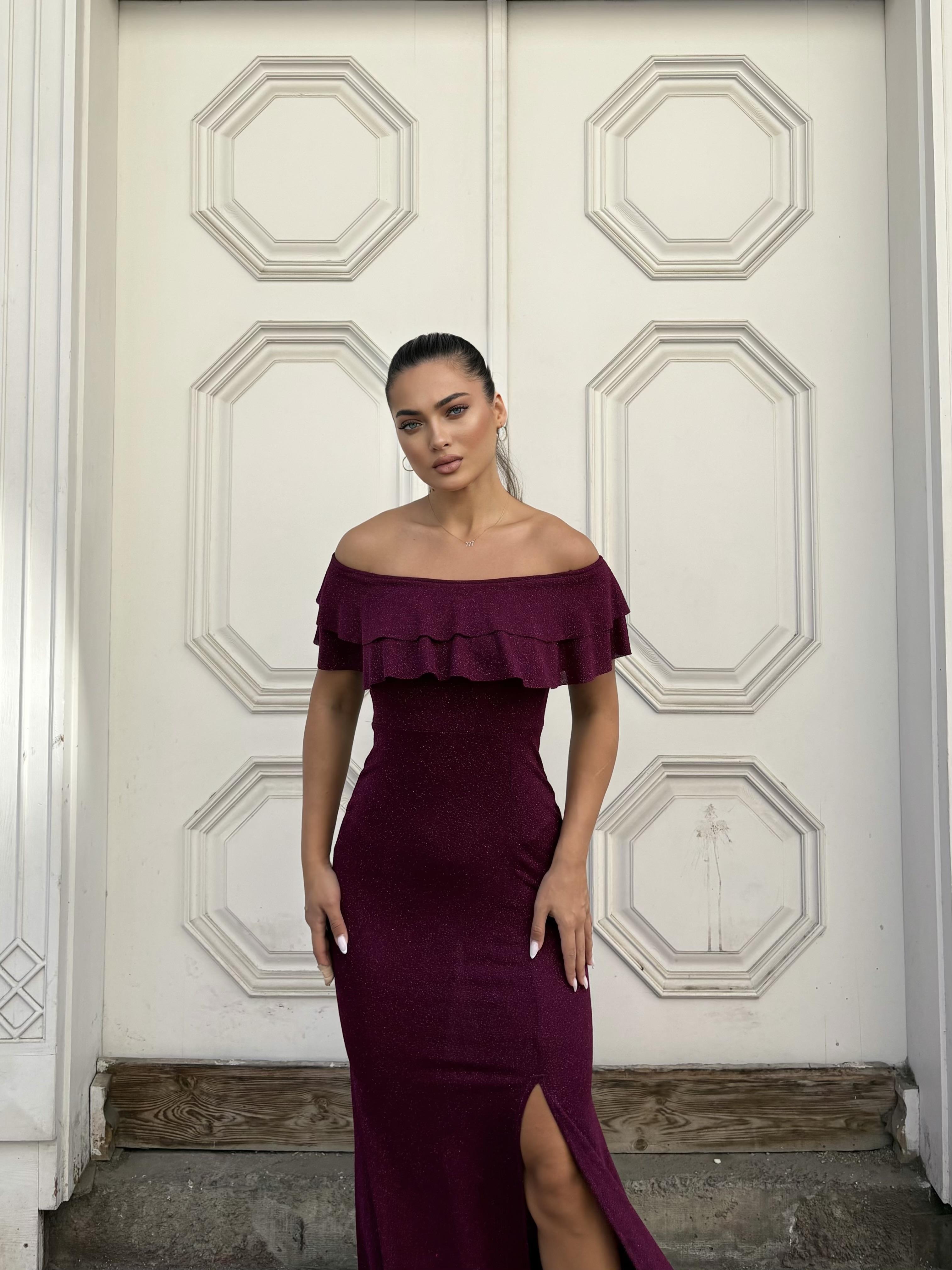 Simli Düşük Omuz Fırfırlı Yırtmaç Detaylı Abiye Elbise Açık Mor 583175
