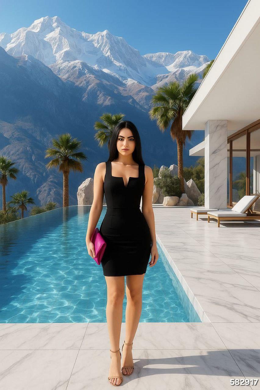 Sırt Kare Yaka V Detaylı Mini Scuba Krep Elbise Siyah 582917