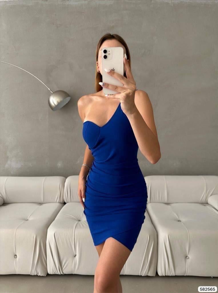 Tek Omuz Eteği Kruvaze Mini Elbise 582565 Saks