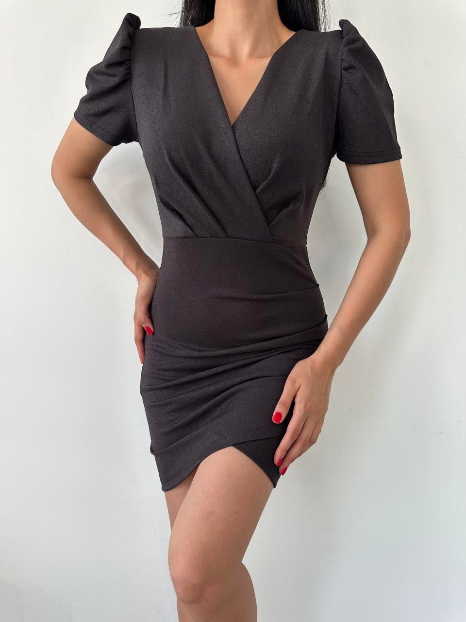 V Yaka Pile Detaylı Mini Elbise 582048 Siyah
