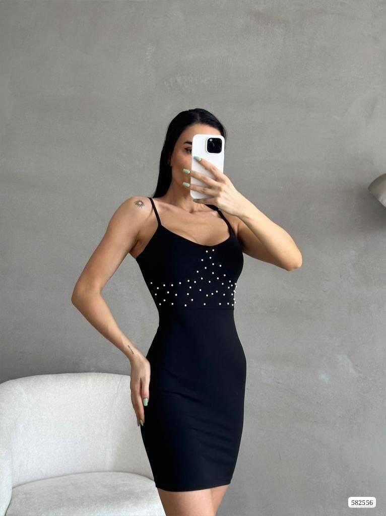 İnce Askılı İnci Detaylı Mini Elbise Siyah 582556