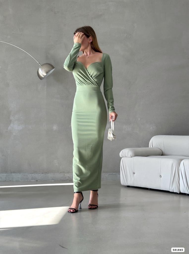   Kruvaze Yaka Arka Yırtmaçlı Midi Elbise 581845  MİNT