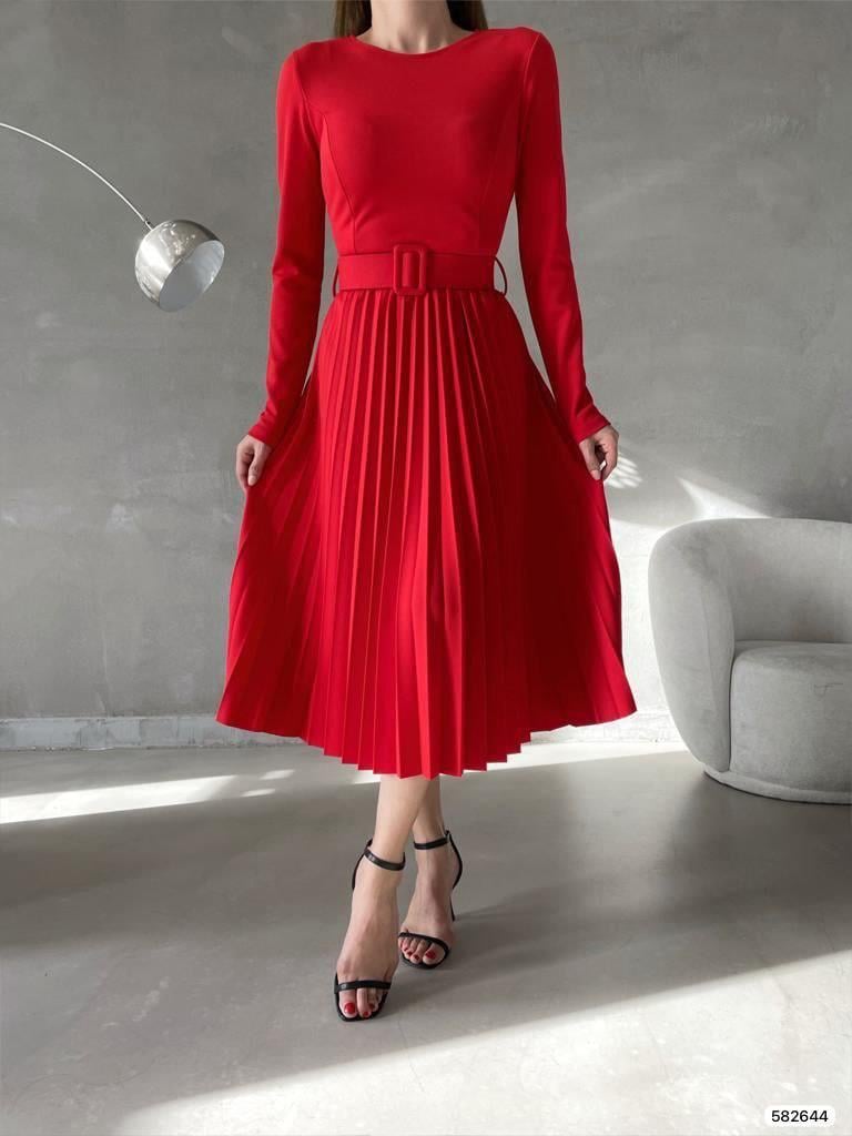 Piliseli Kemerli Midi Boy Abiye Elbise 582644 KIRMIZI
