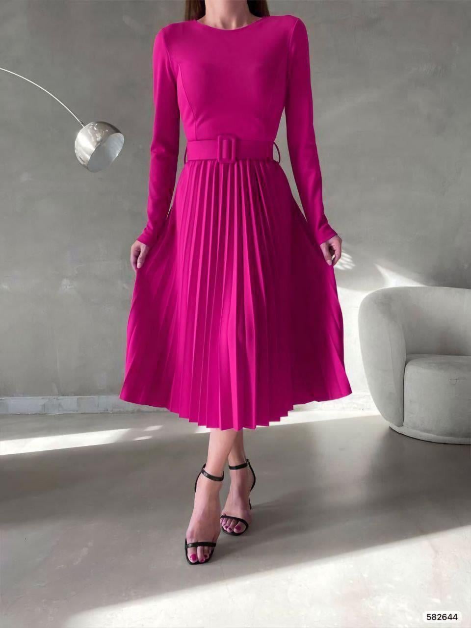 Piliseli Kemerli Midi Boy Abiye Elbise 582644 FUŞYA