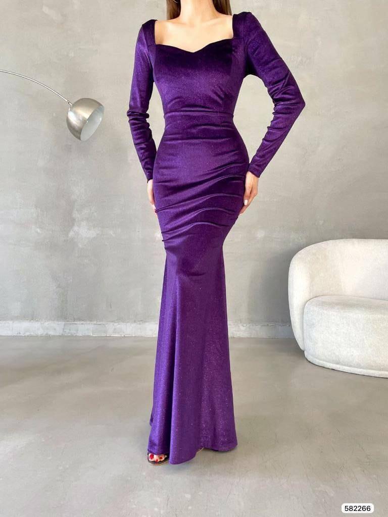 Esnek Kumaş Simli Kadife Balık Etek Detaylı Abiye Elbise 582266 MOR