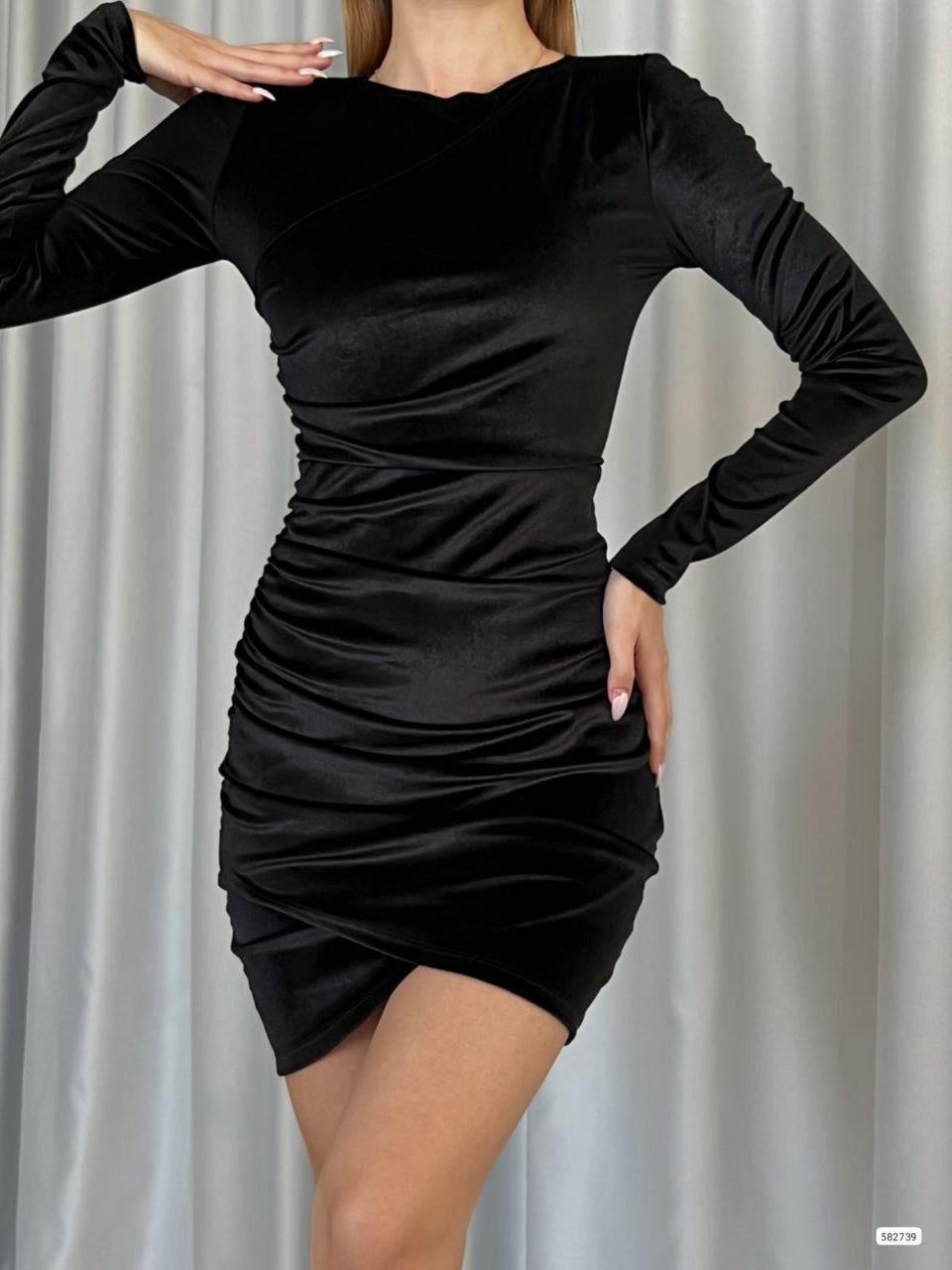 Bisiklet Yaka Kadife Mini Elbise 582739 SİYAH