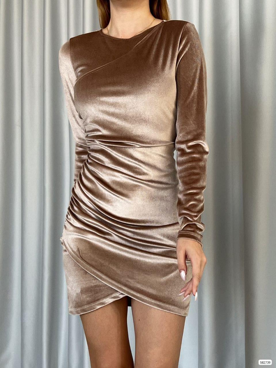 Bisiklet Yaka Kadife Mini Elbise 582739 BEJ