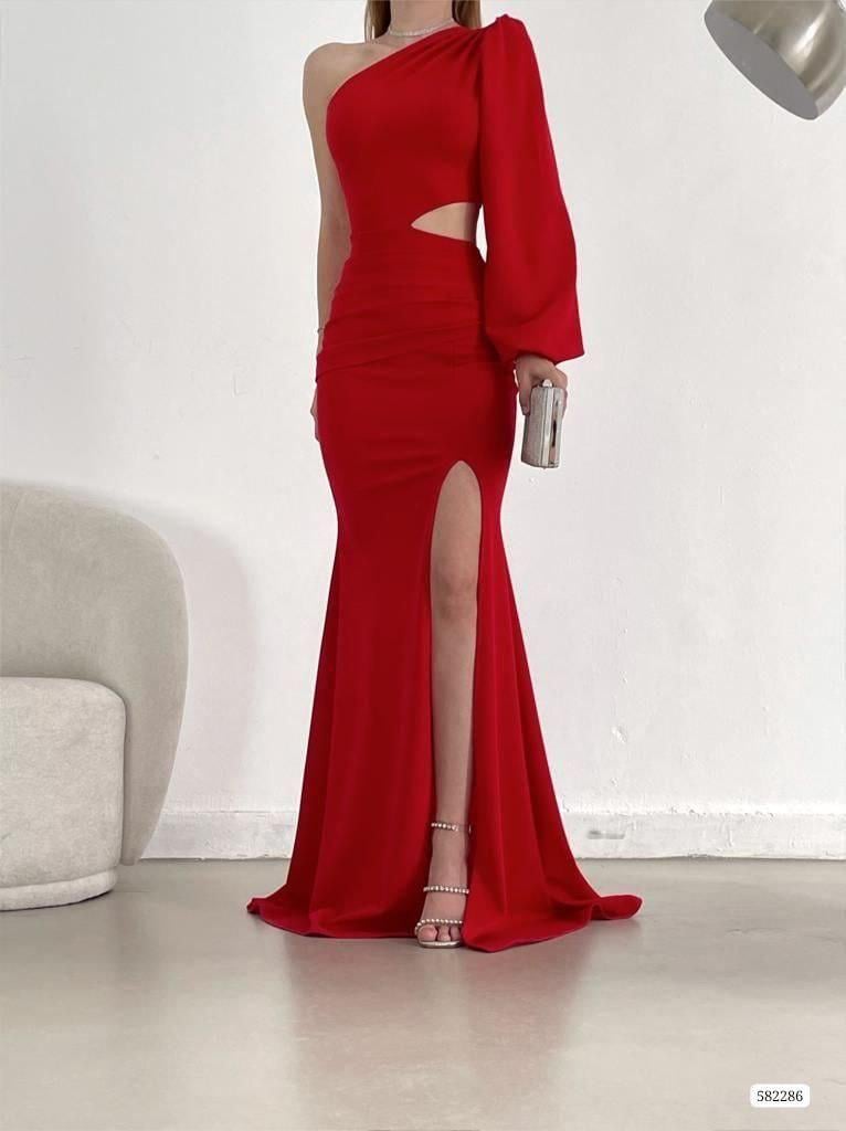   Tek Kol Derin Yırtmaçlı Krep Gece Elbisesi Abiye 582286 Kirmizi