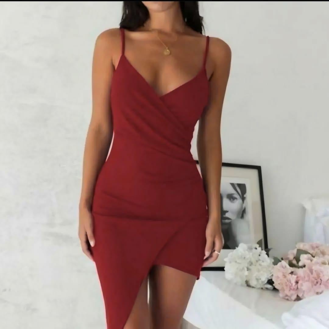 Asimetrik Kesim Kruvaze Yaka Mini Askılı Scuba Krep Elbise Bordo 582047