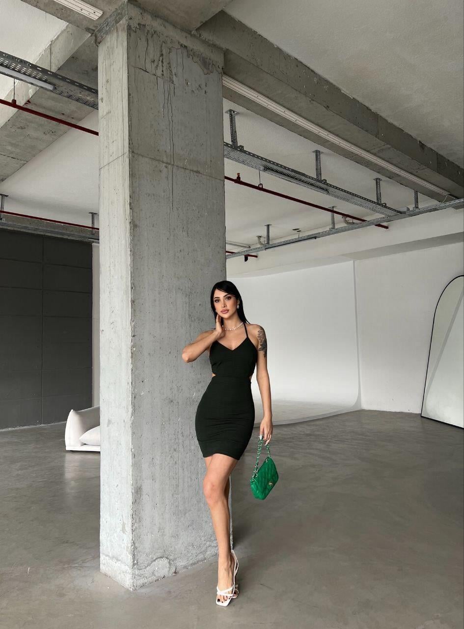 Bel Dekolteli Mini Krep Elbise 581789 Hakı