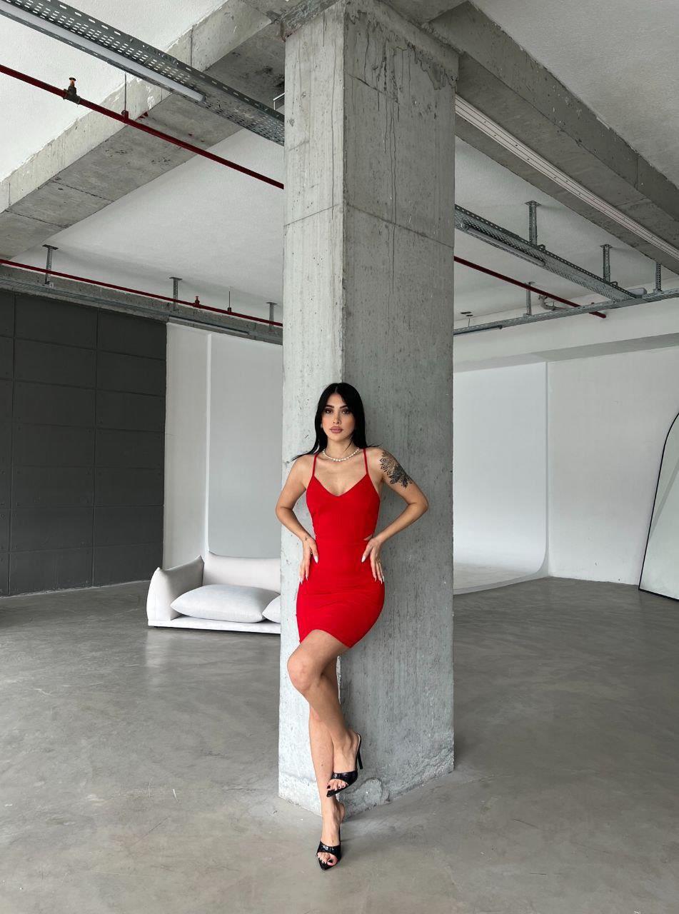 Bel Dekolteli Mini Krep Elbise 581789 KIRMIZI