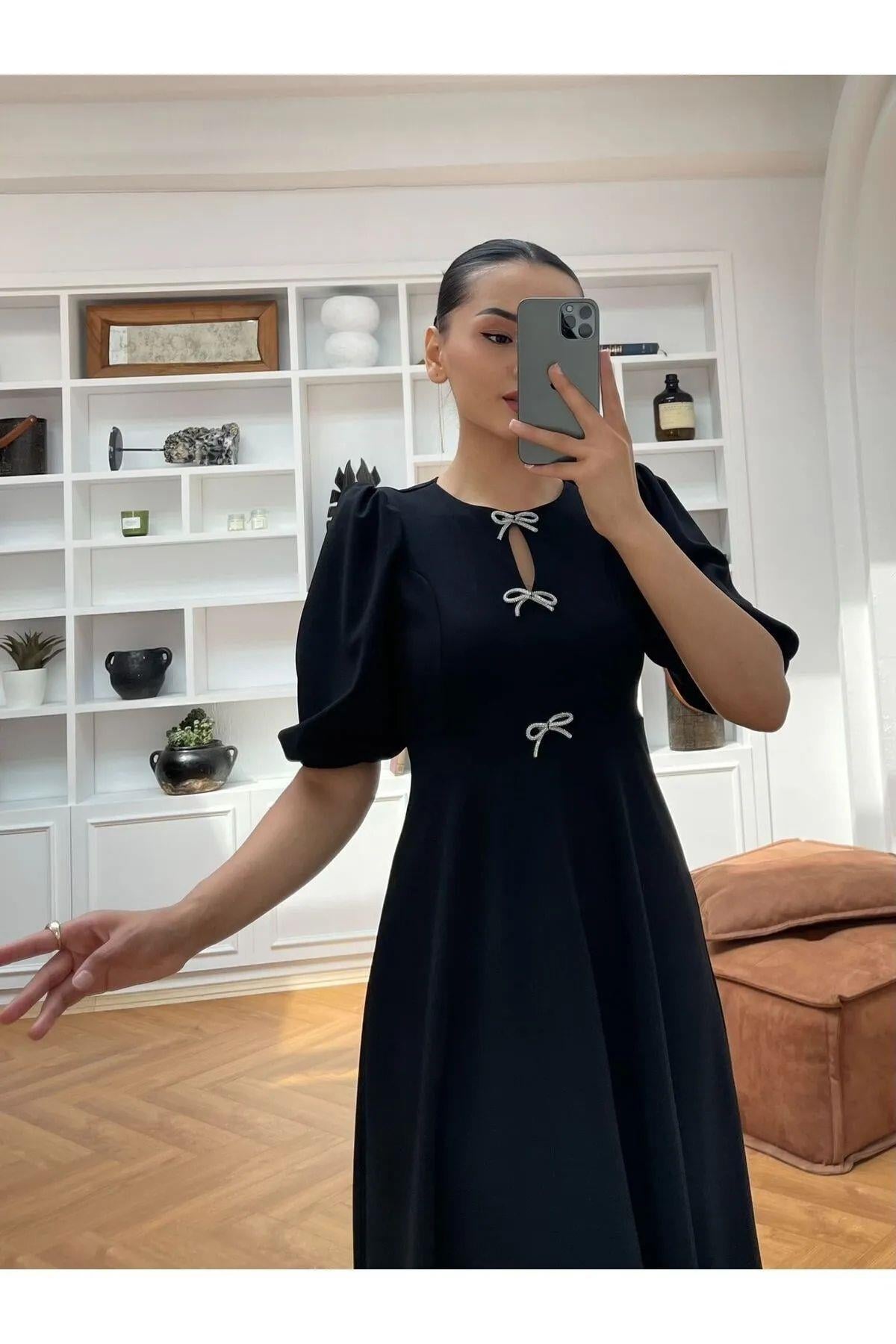 Bisiklet Yaka Fiyonk Aksesuar Detaylı Balon Kol Elbise Siyah 583212