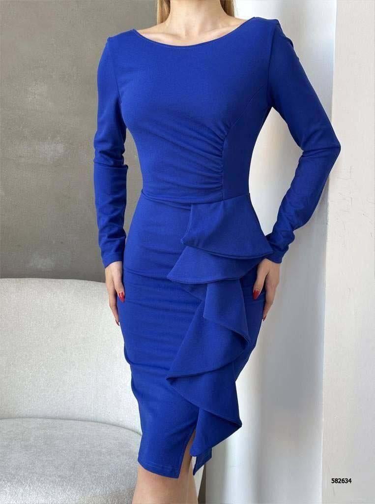 Bisiklet Yaka Uzun Kol Volan Detay Ithal Krep Kumaş Elbise 582634 Saks