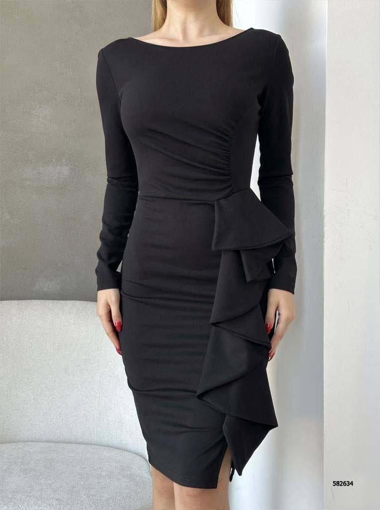 Bisiklet Yaka Uzun Kol Volan Detay Ithal Krep Kumaş Elbise 582634 Siyah