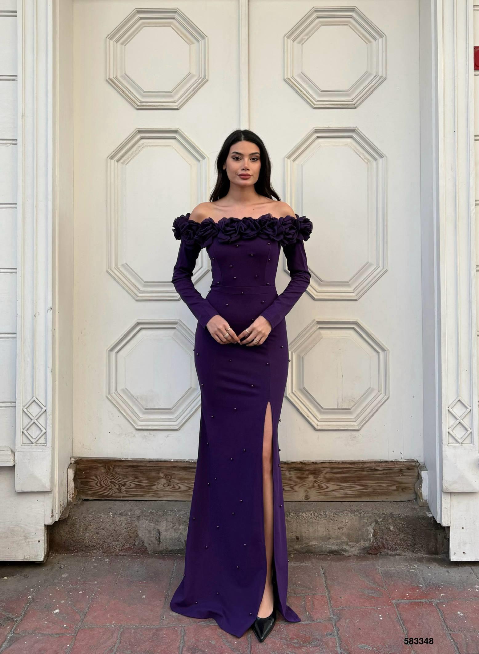 Esnek Krep Kumaş Ön Gül Detaylı Abiye Elbise 583348 MOR