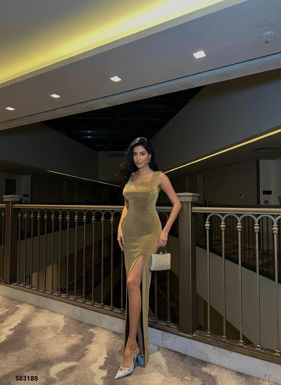 Gold Flowers kumaş Askılı Yırtmaçlı Maxi Boy Abiye Elbise 583189