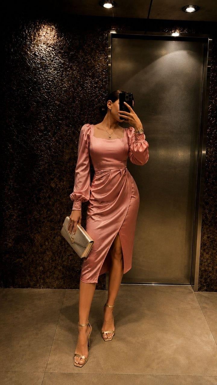 GÜL KURUSU Kare Yaka Balon Kol Yırtmaçlı Saten Abiye Elbise 582693
