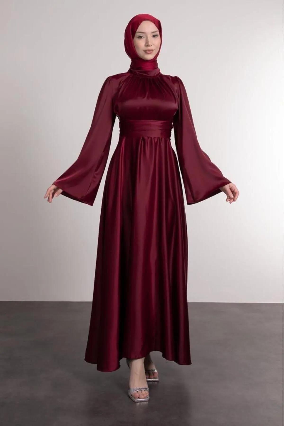 İspanyol Kol Beli Dolamalı Saten Abiye Elbise Bordo 583163