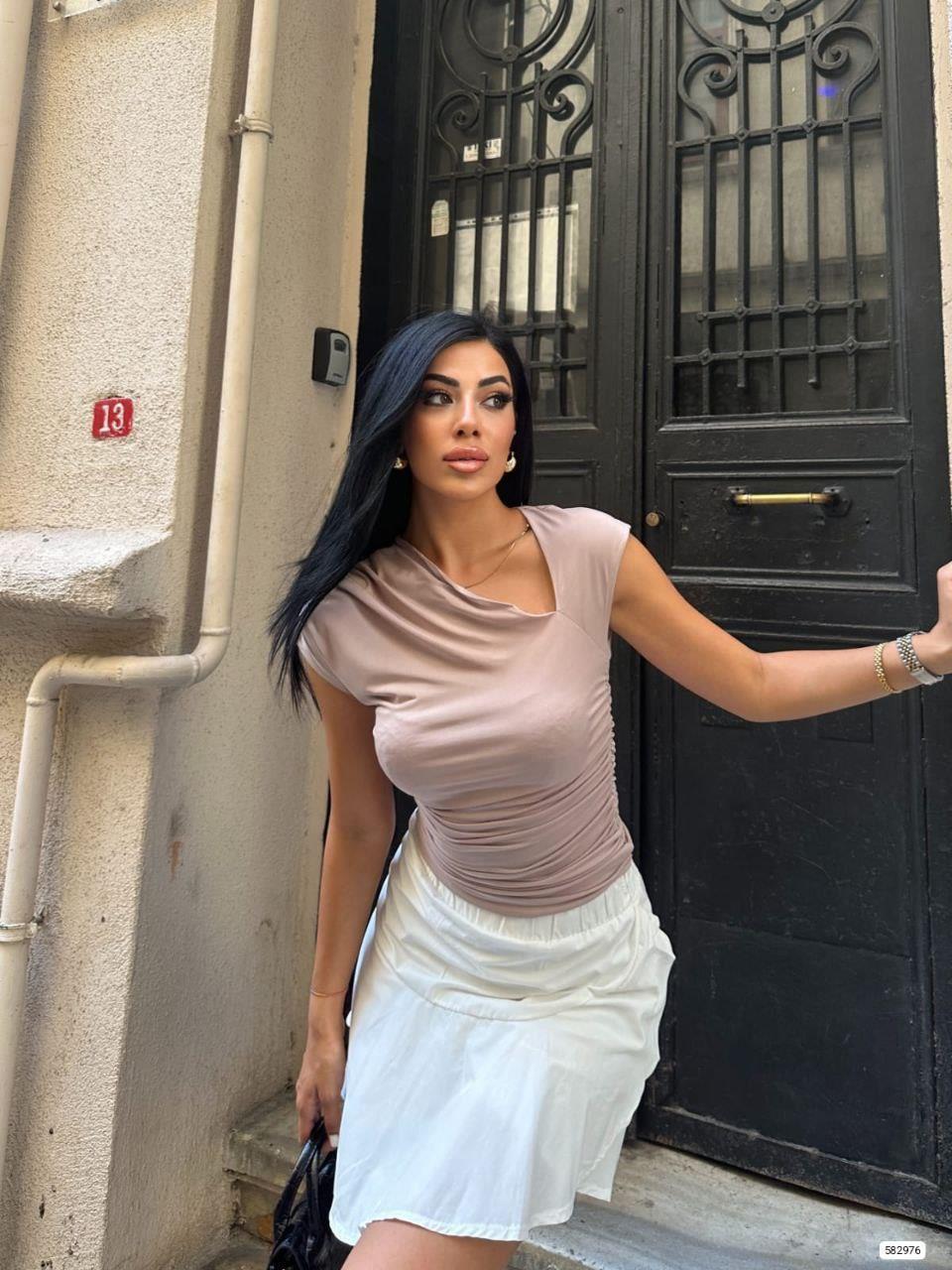 Omuz Dekolteli Büzgülü Sandy Bluz 582976 VİZON