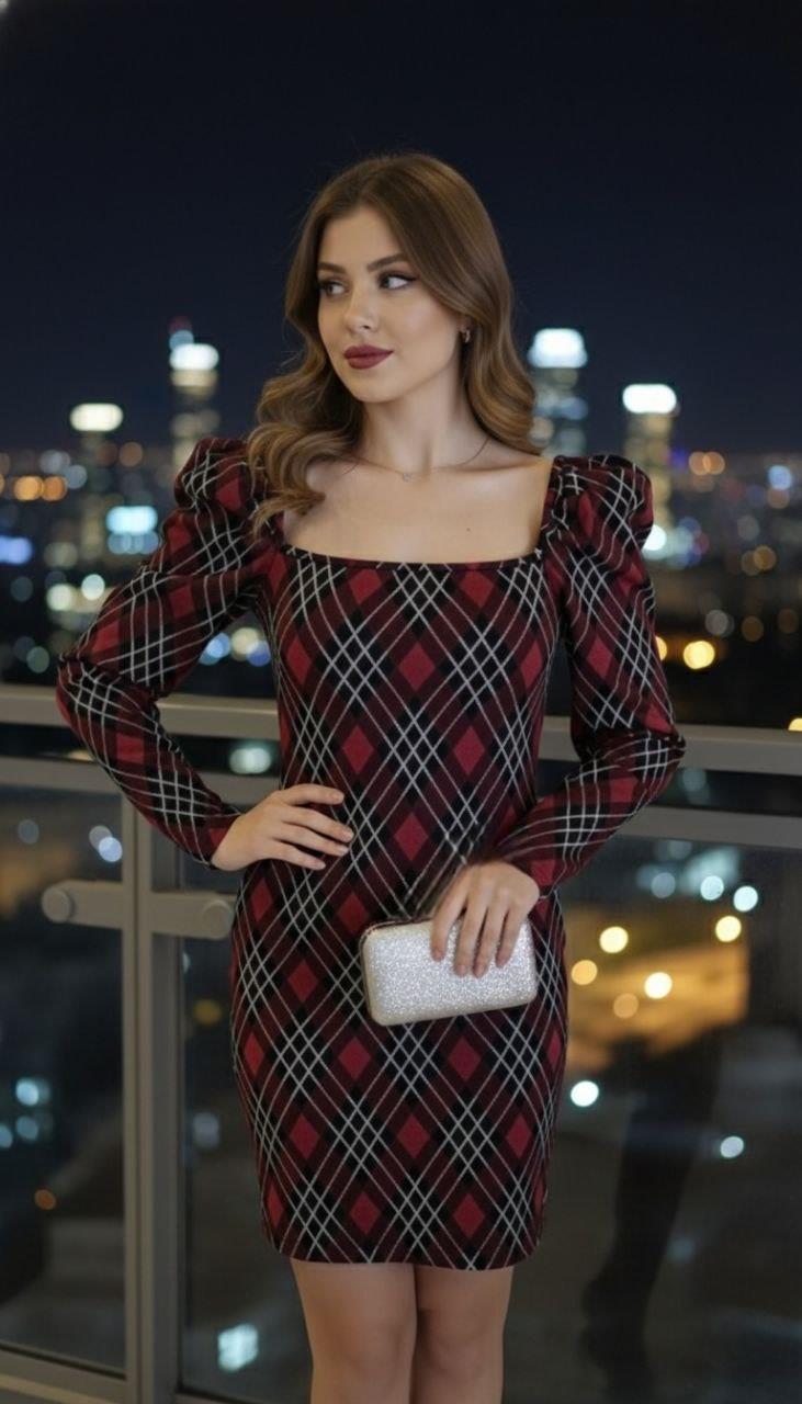 Kare Yaka Boyuna Çizgi Kaşe Elbise 581276 BORDO
