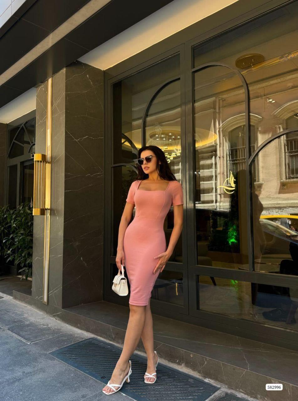 Kare Yaka Mini Basıc Elbise 582996 Gülkurusu