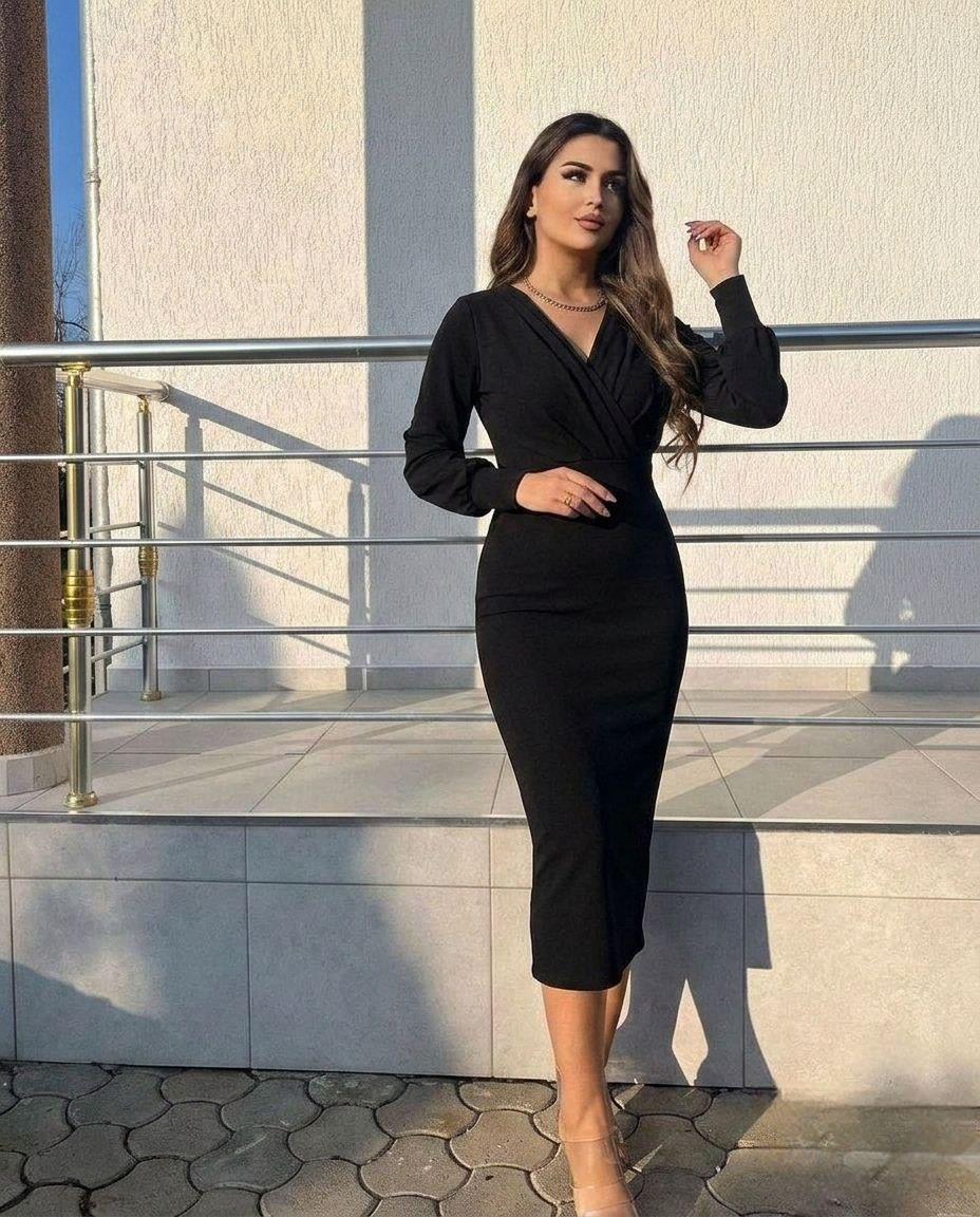 Krep Kruvaze Yaka Midi Boy Kalem Elbise 583169 Siyah
