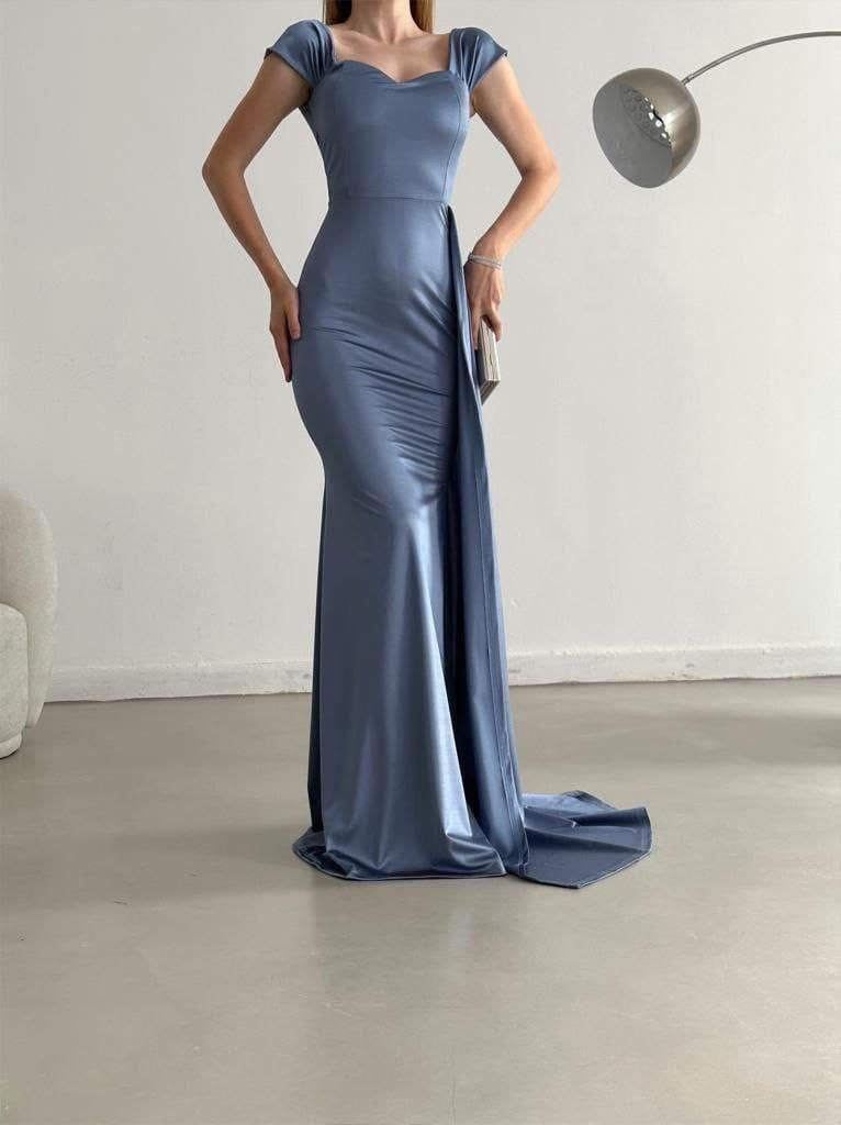 Saten Kumaş Düşük Omuz Maxi Boy Elbise 582441İNDİGO