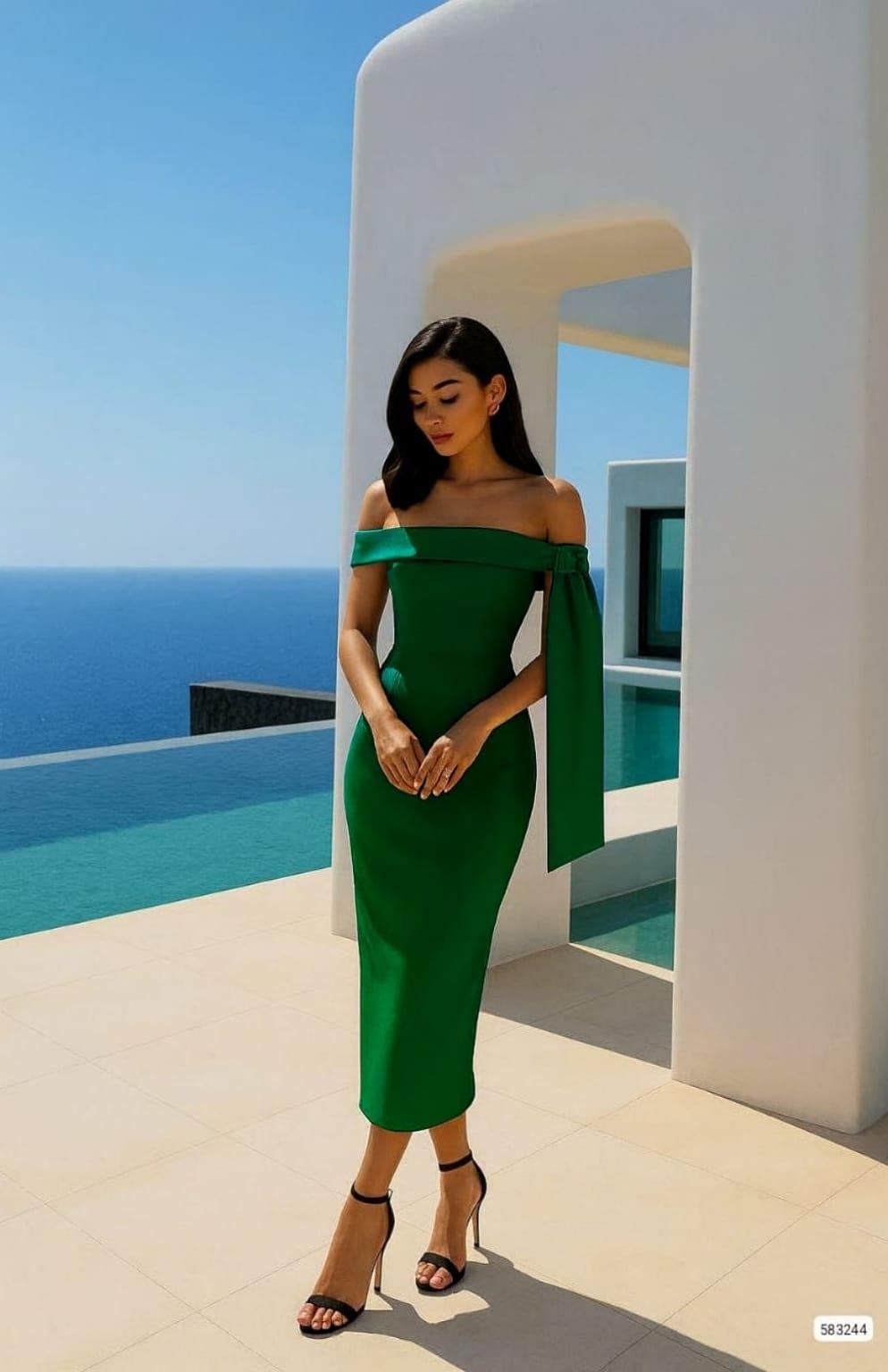 Omuz Detaylı Midi Boy Abiye Elbise Zümrüt 583244