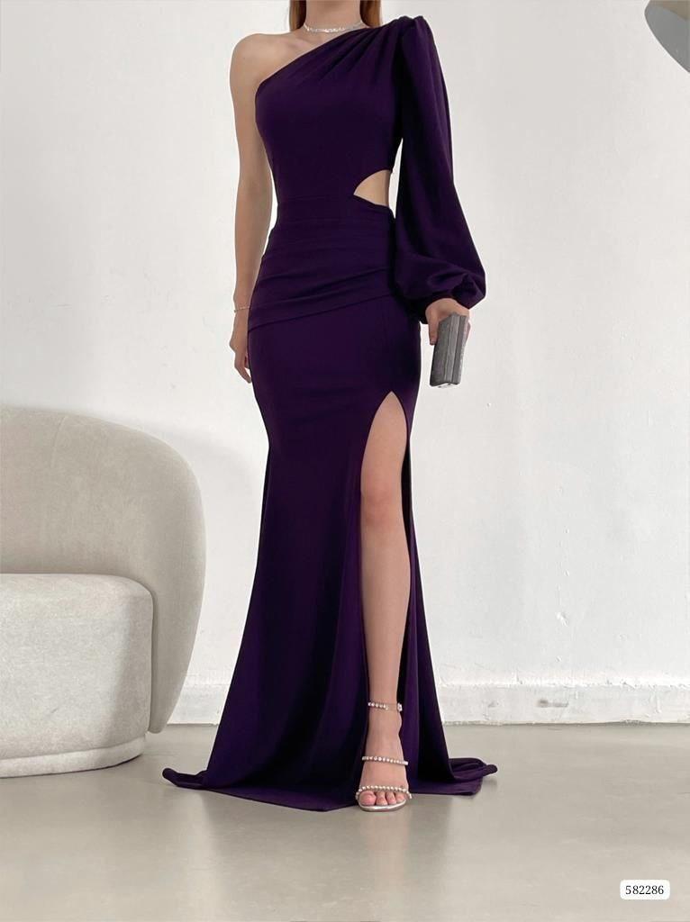   Tek Kol Derin Yırtmaçlı Krep Gece Elbisesi Abiye 582286 MOR