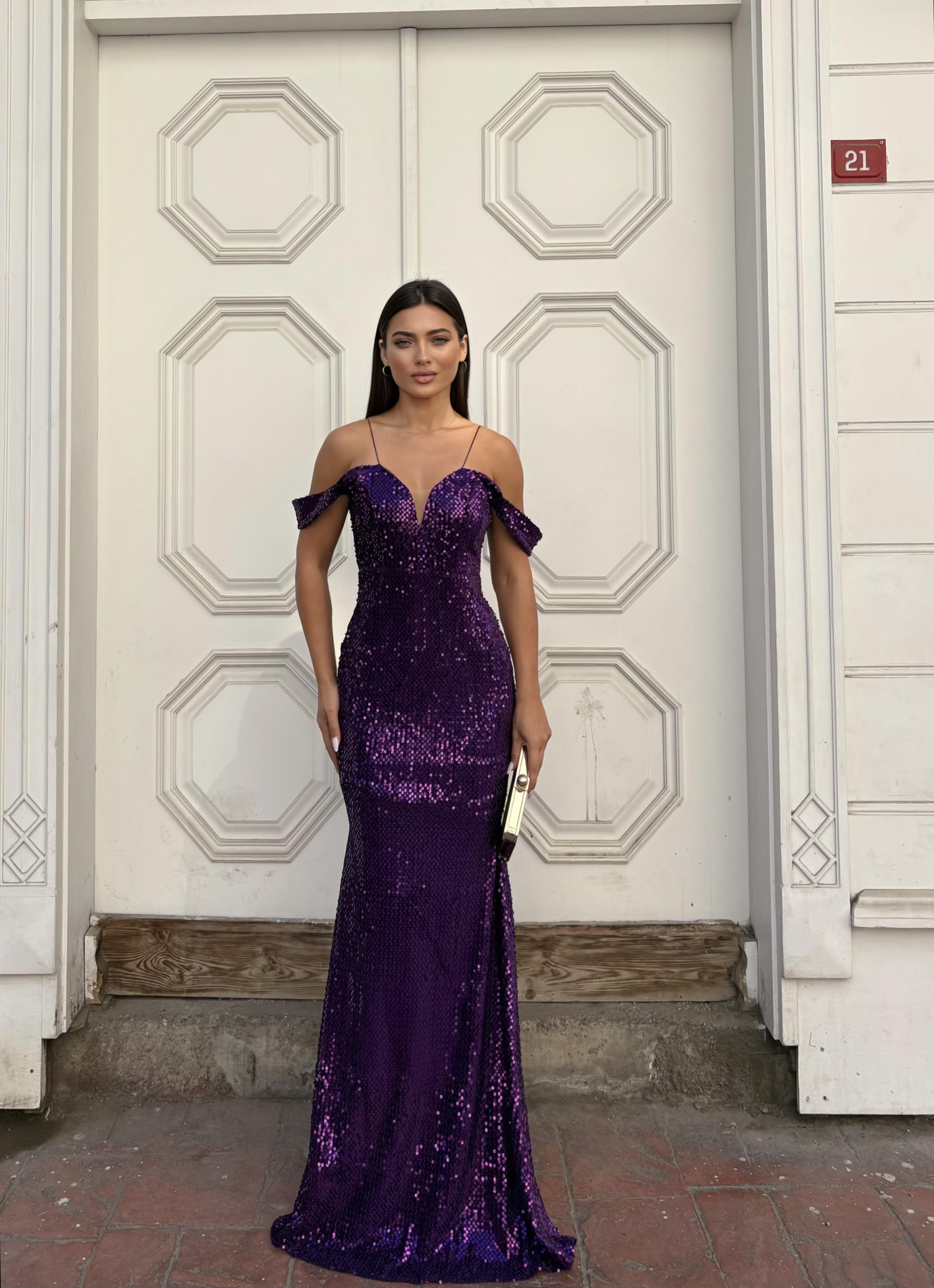  Trend Band Kol Kadife Balık Elbise Mor 583198