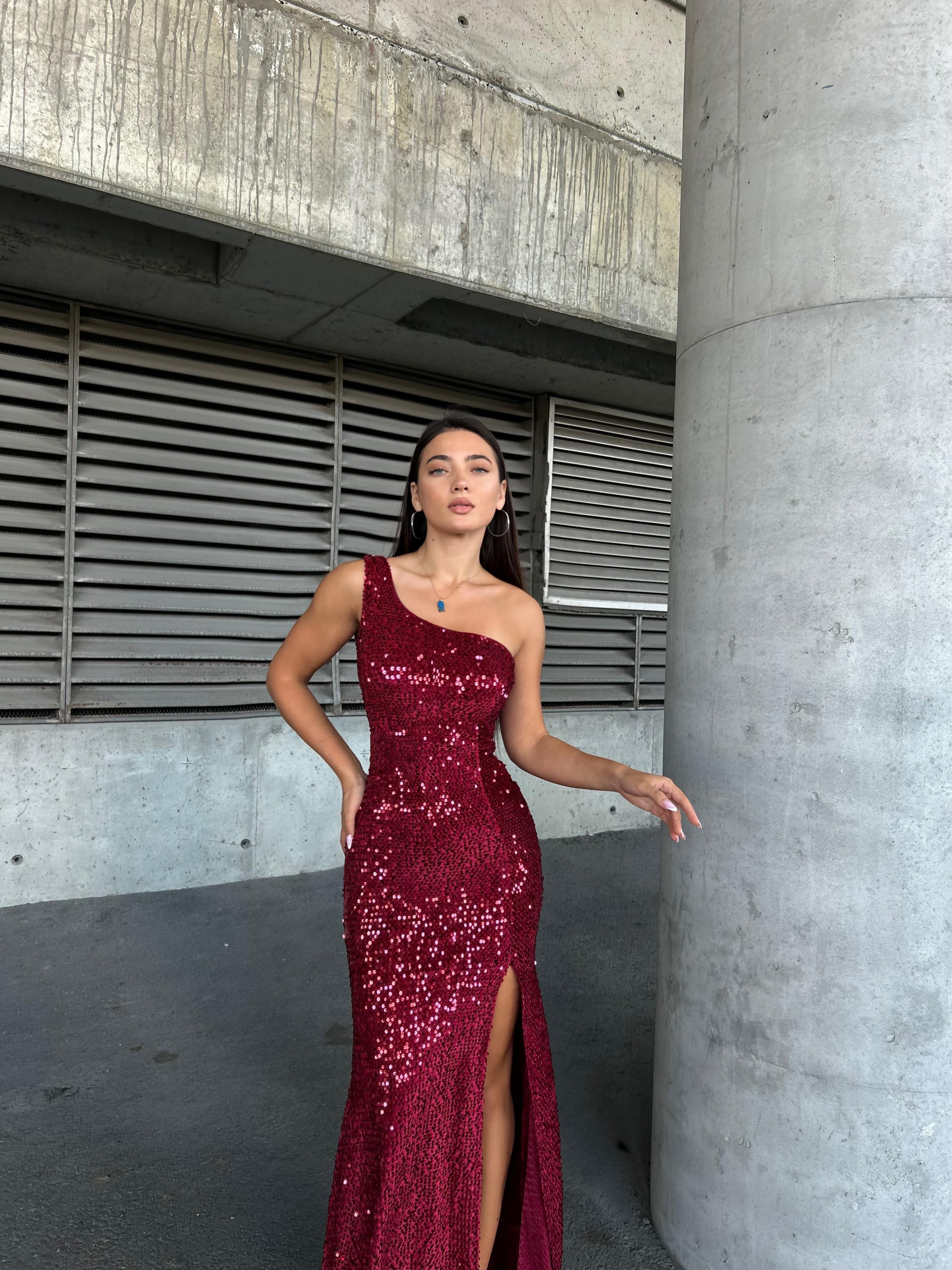 Trend Kadife Yırtmaçlı Elbise BORDO 583150