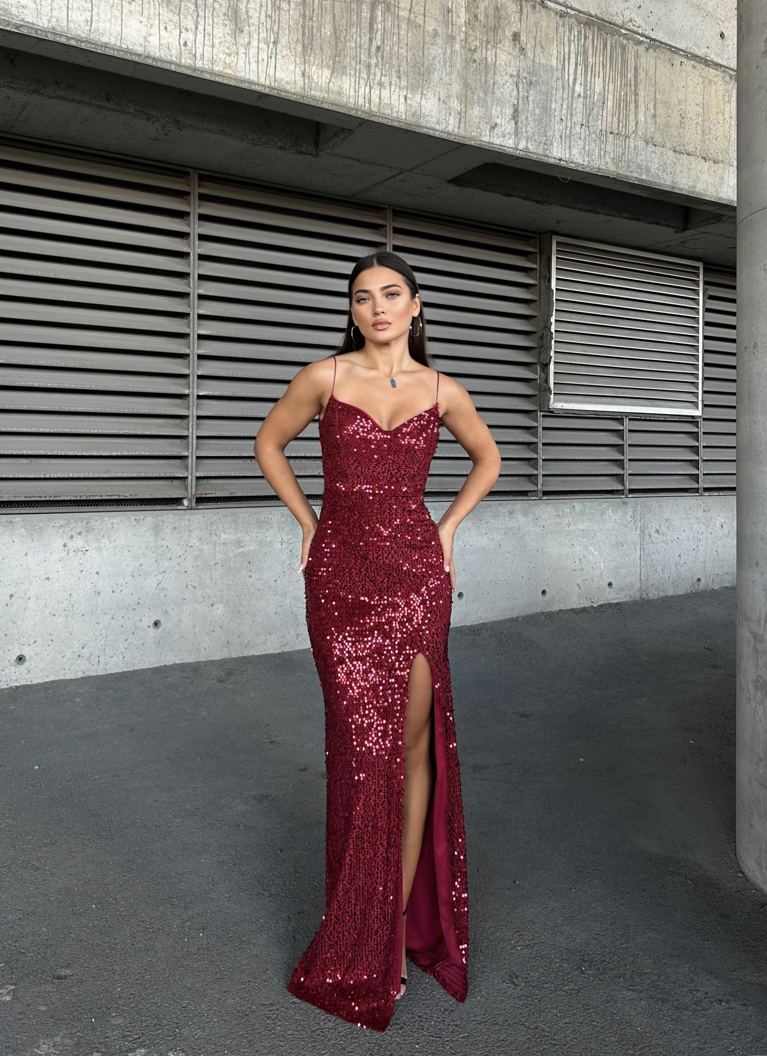 Trend Yırtmaçlı Kadife Elbise Bordo 583293