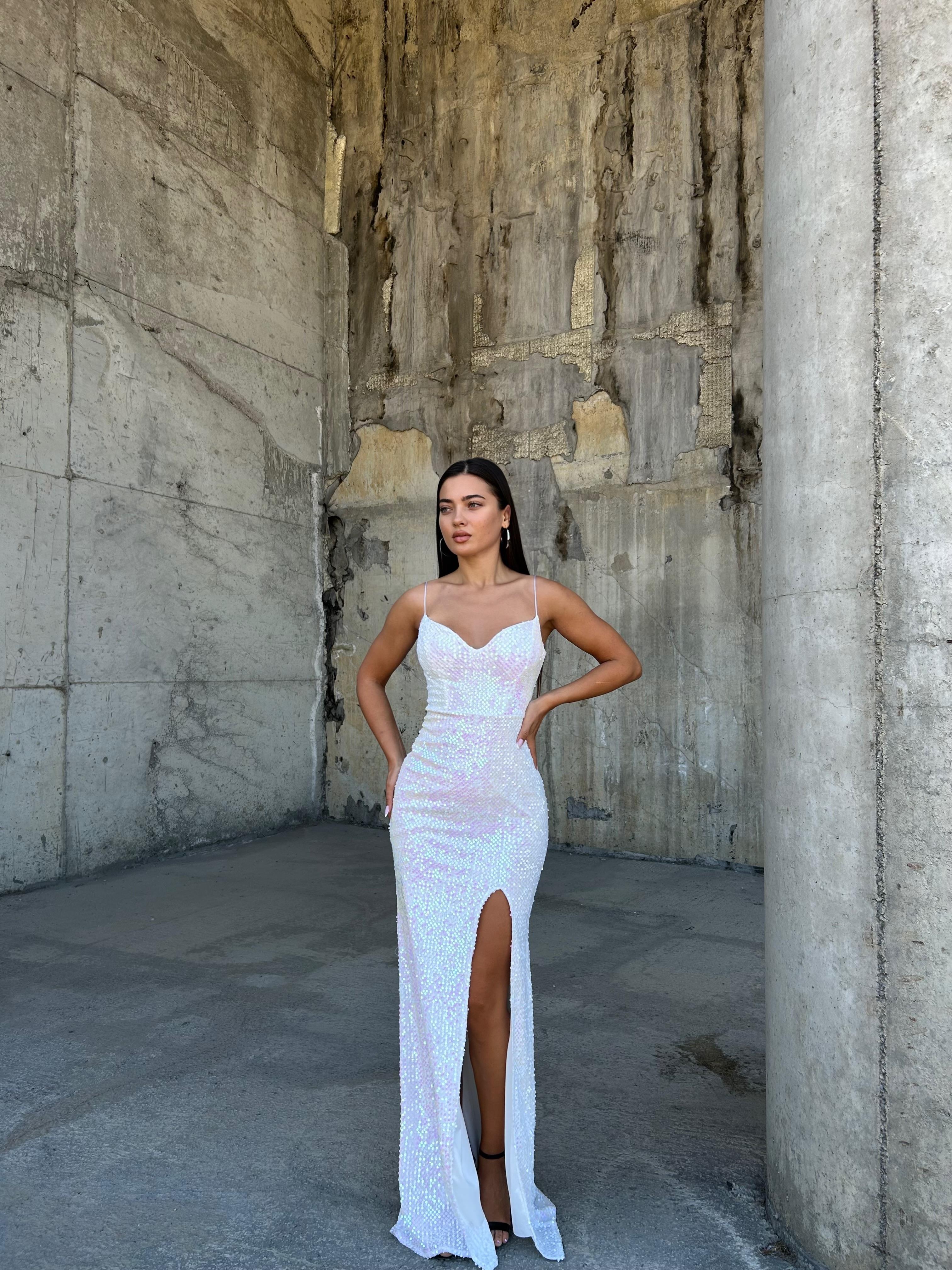 Trend Yırtmaçlı Kadife Elbise Hologram 583293