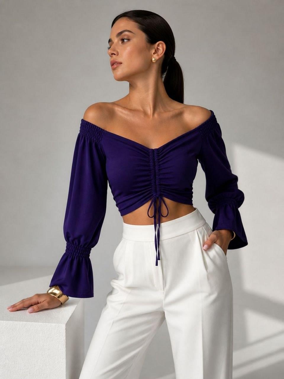 Mor Madonnyaka Büzgülü Crop Bluz 582380