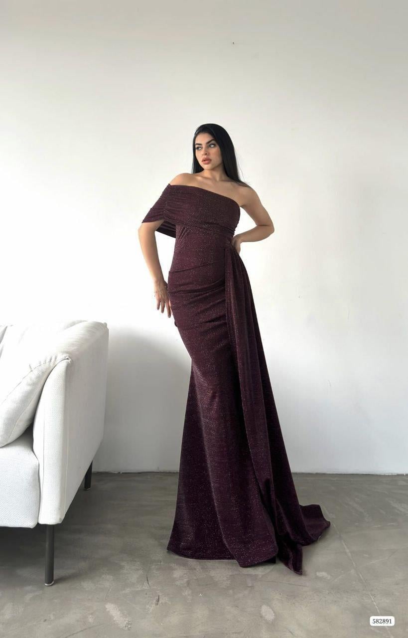 Omuz Detaylı, Beli Drapeli Modern Abiye Elbise 582891 MOR