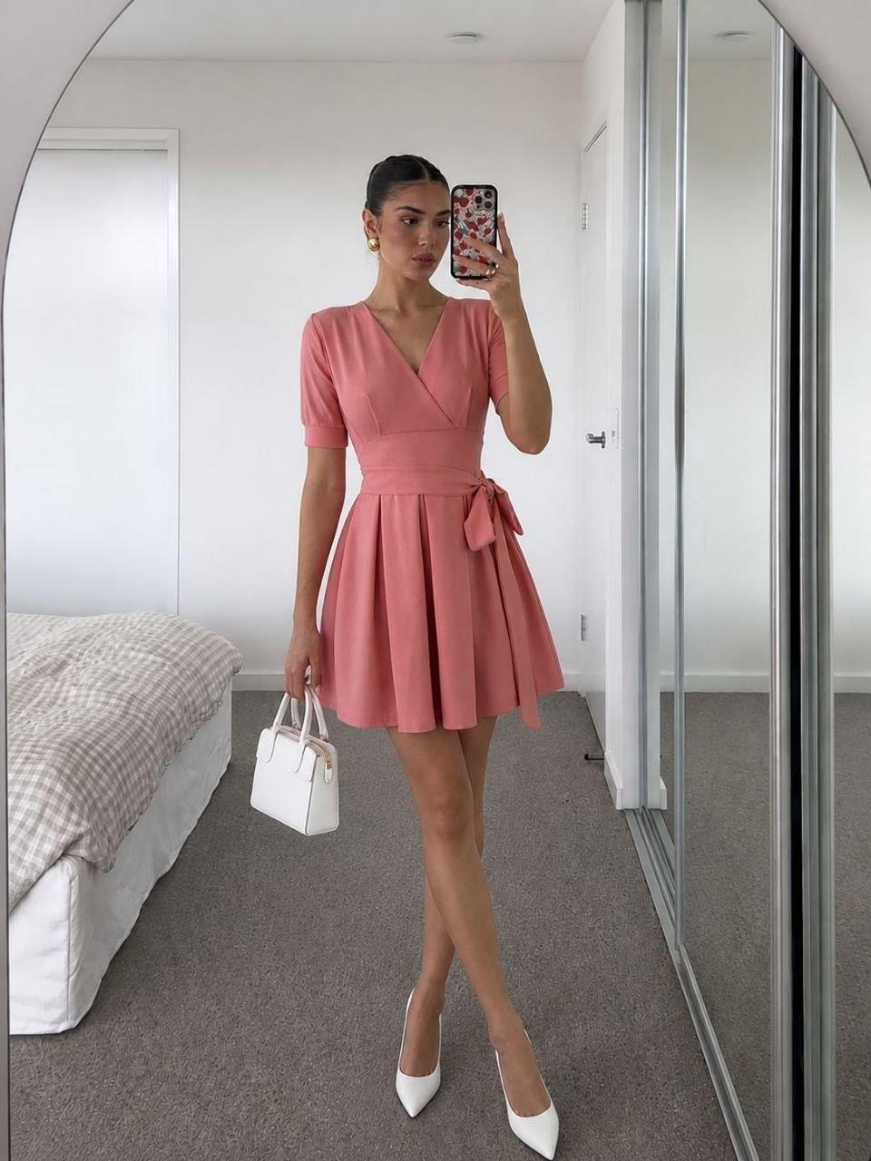 Pudra V Yaka Kuşaklı Mini Elbise 582871