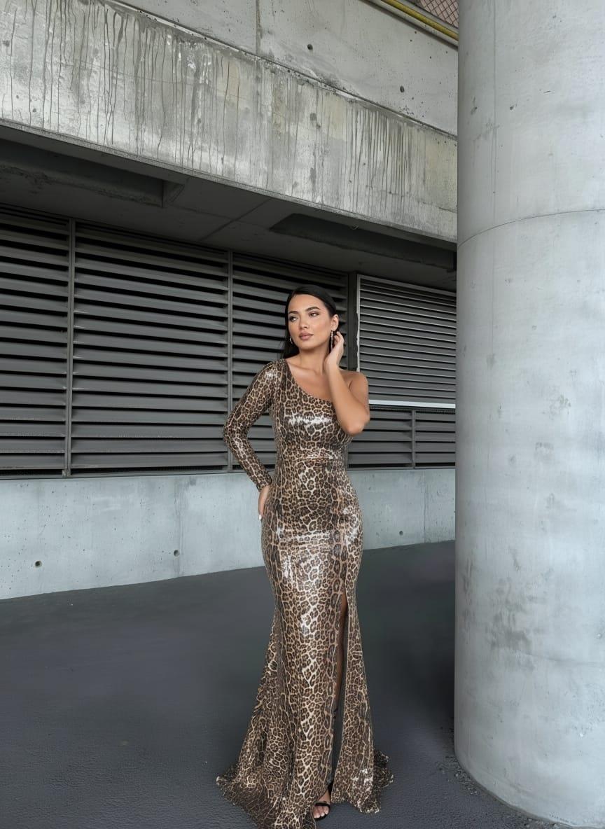 Pul Payet Uzun Kol Elbise Leopar 583365