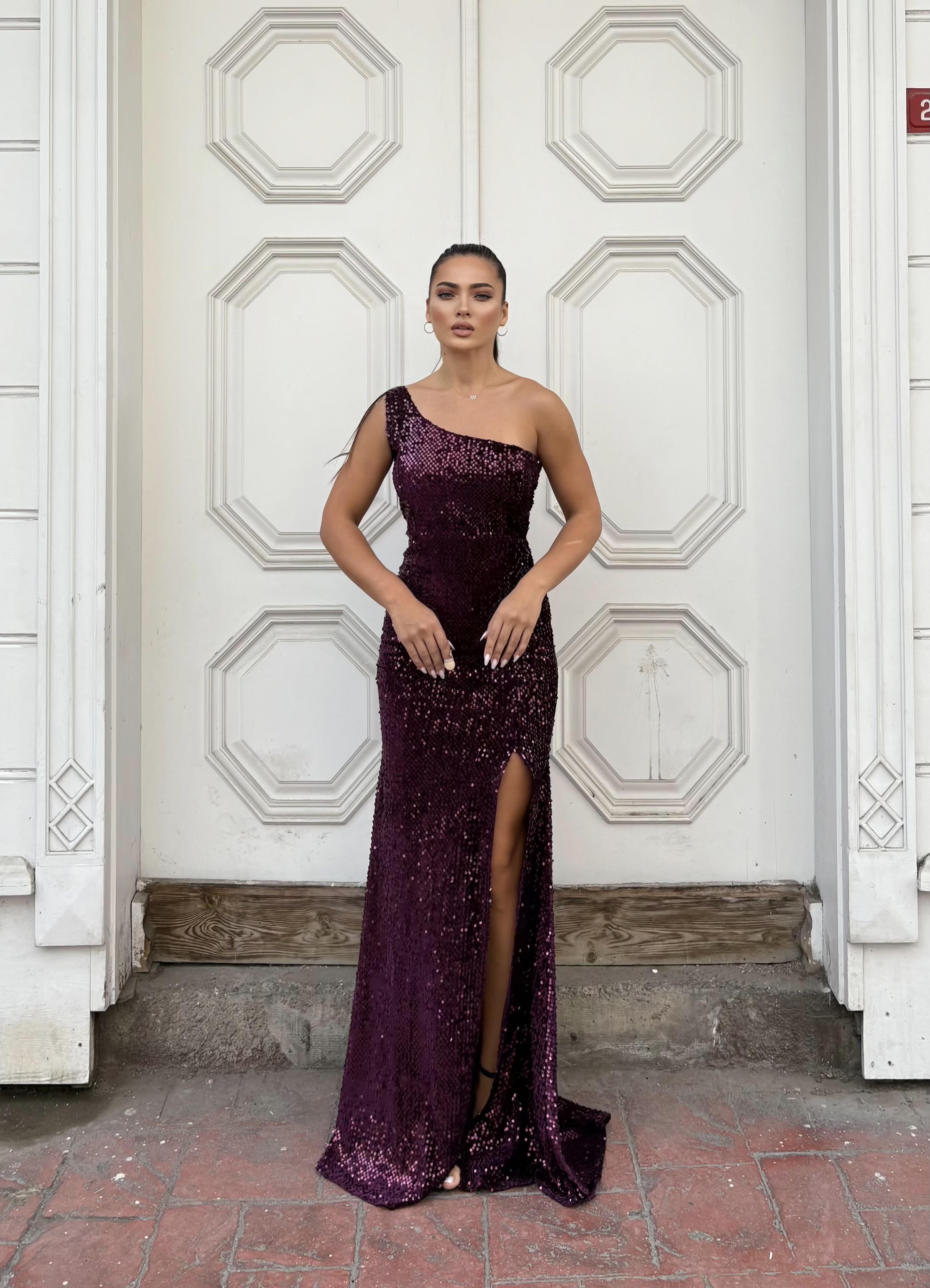 Trend Kadife Yırtmaçlı Elbise Açık Mor 583150