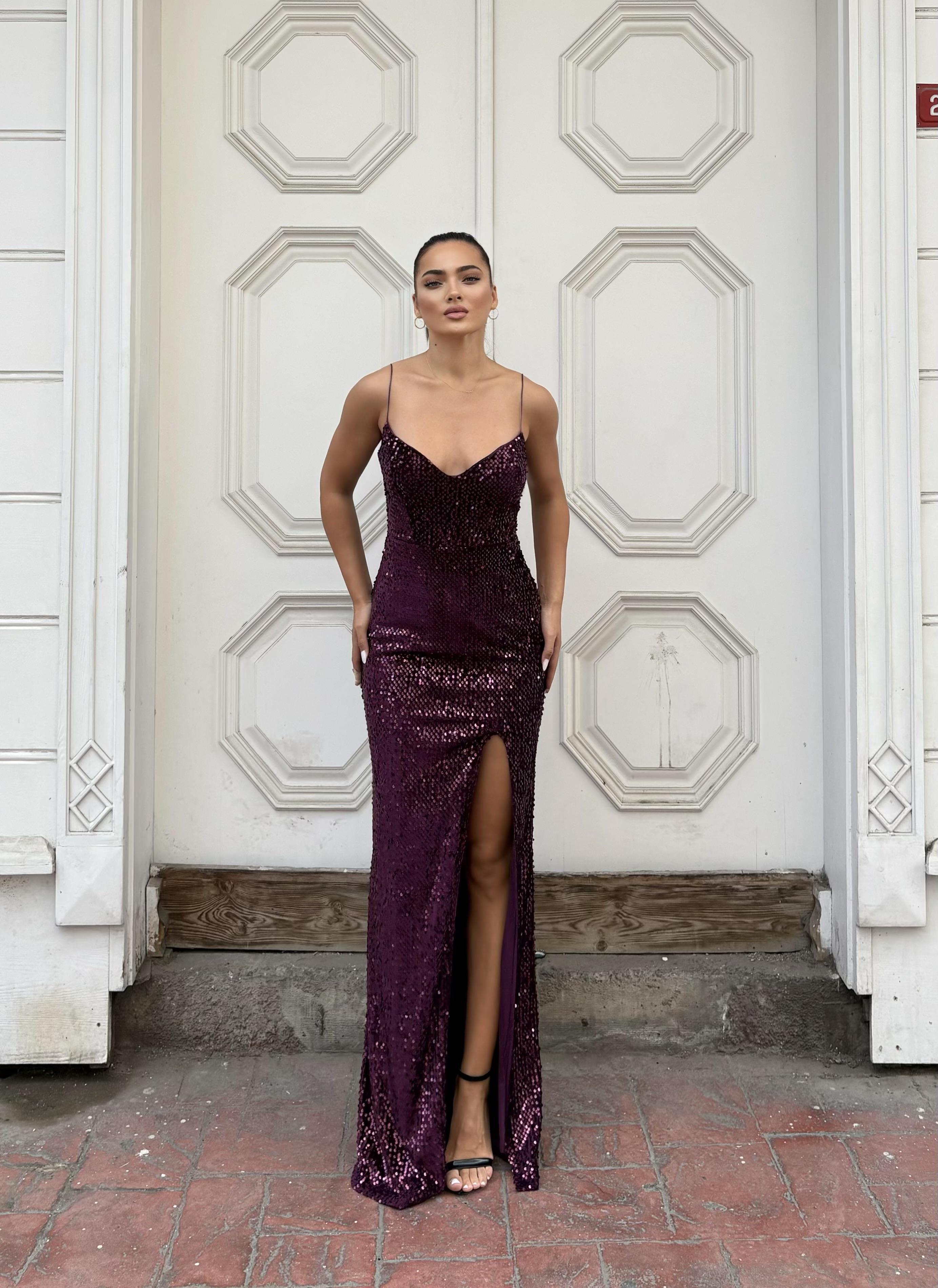 Trend Yırtmaçlı Kadife Elbise Mor 583293