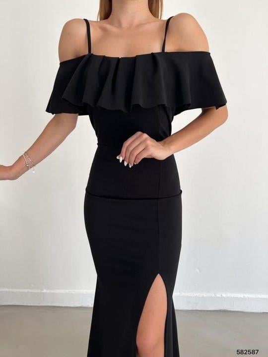 Yakasi Kat Detayli Maxi Boy Abiye Ve Mezuniyat Elbisesi 582587 Siyah