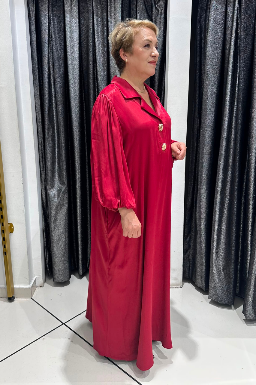 Selma Büyük Beden A Kesim Balon Kol Saten Elbise