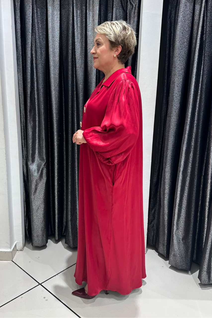 Selma Büyük Beden A Kesim Balon Kol Saten Elbise